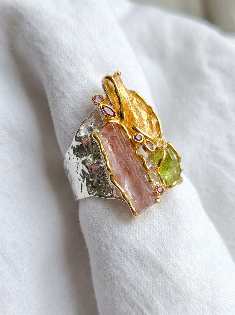925 silver raw pink tourmaline ring, colorful rough gemstone organic wide band jewelry