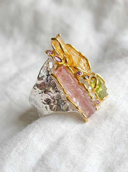 925 silver raw pink tourmaline ring, colorful rough gemstone organic wide band jewelry