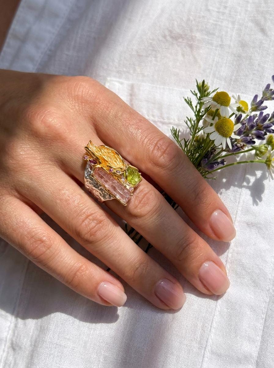925 silver raw pink tourmaline ring, colorful rough gemstone organic wide band jewelry