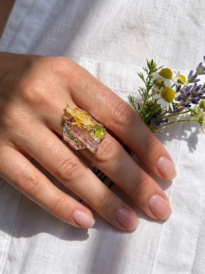 925 silver raw pink tourmaline ring, colorful rough gemstone organic wide band jewelry
