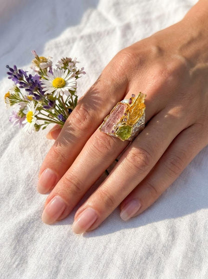 925 silver raw pink tourmaline ring, colorful rough gemstone organic wide band jewelry