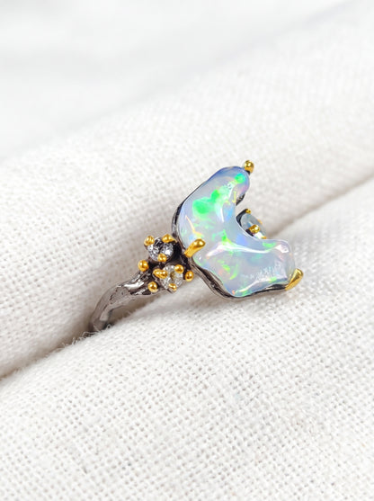 925 Silver Blue Raw Opal Ring, worn on hand