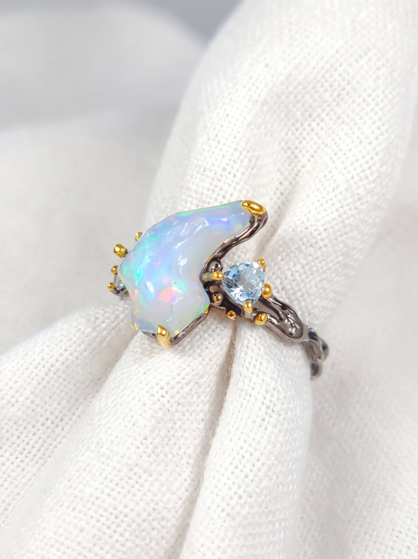 925 Silver Blue Raw Opal Ring, side view
