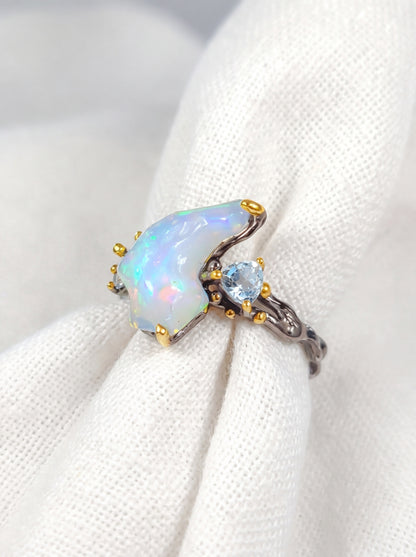 925 Silver Blue Raw Opal Ring, side view