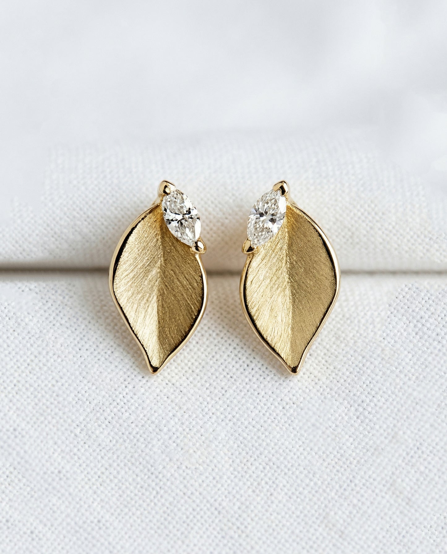 14K Gold Leaf Diamond Stud Earrings