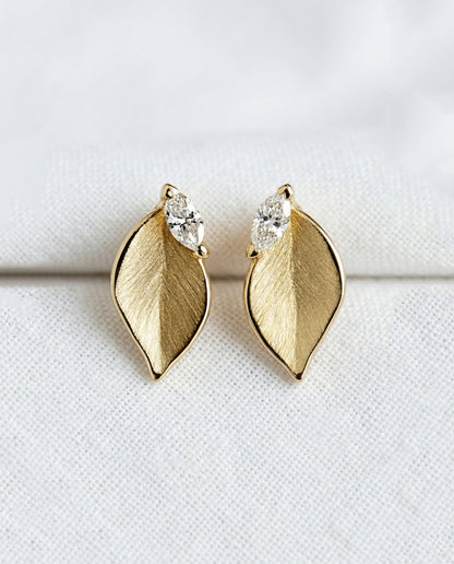 14K Gold Leaf Diamond Stud Earrings