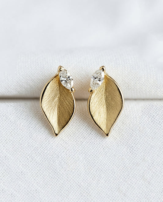 14K Gold Leaf Diamond Stud Earrings