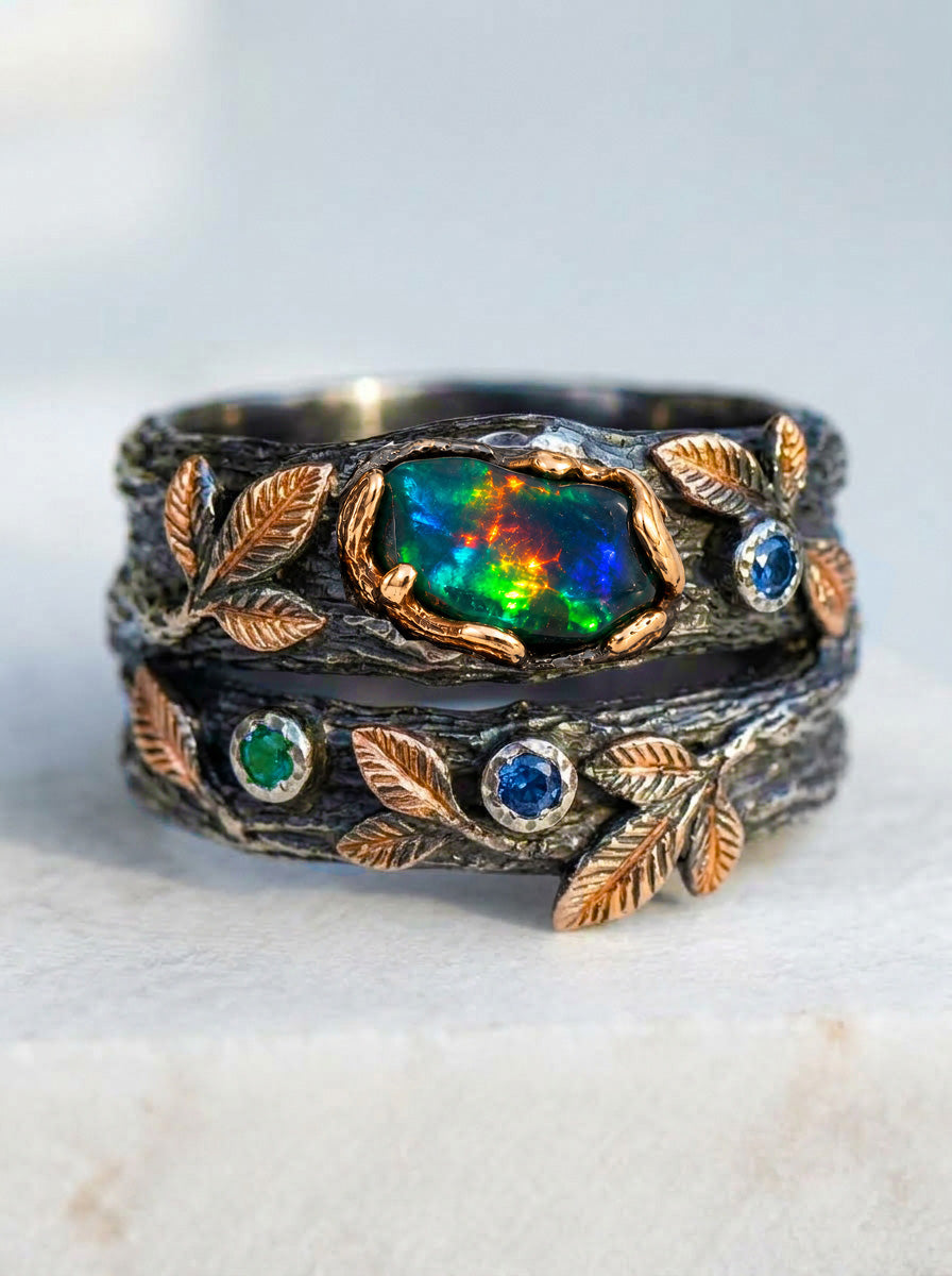 925 Silver Raw Black Opal Wedding Rings