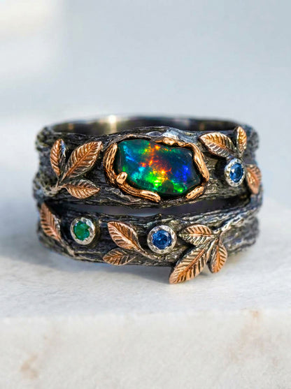 925 Silver Raw Black Opal Wedding Rings