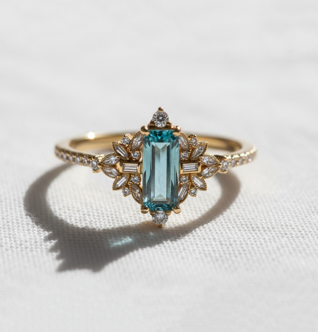 14K Gold Blue Aquamarine Ring