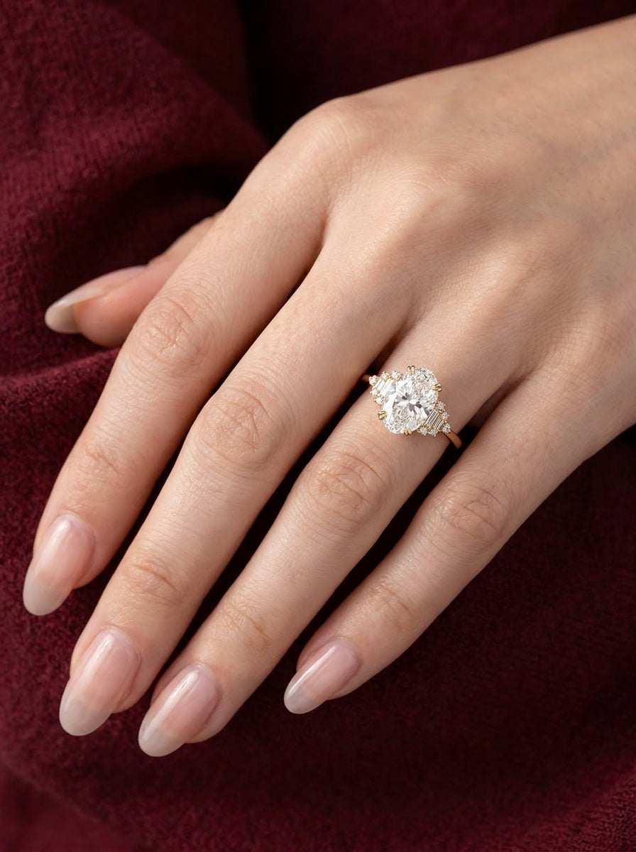 14K Gold Oval Diamond Deco Ring