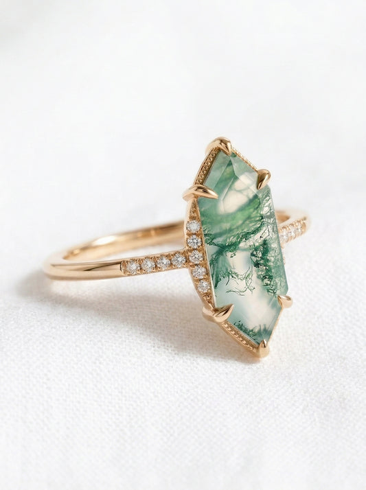 14K Gold Moss Agate Deco Ring