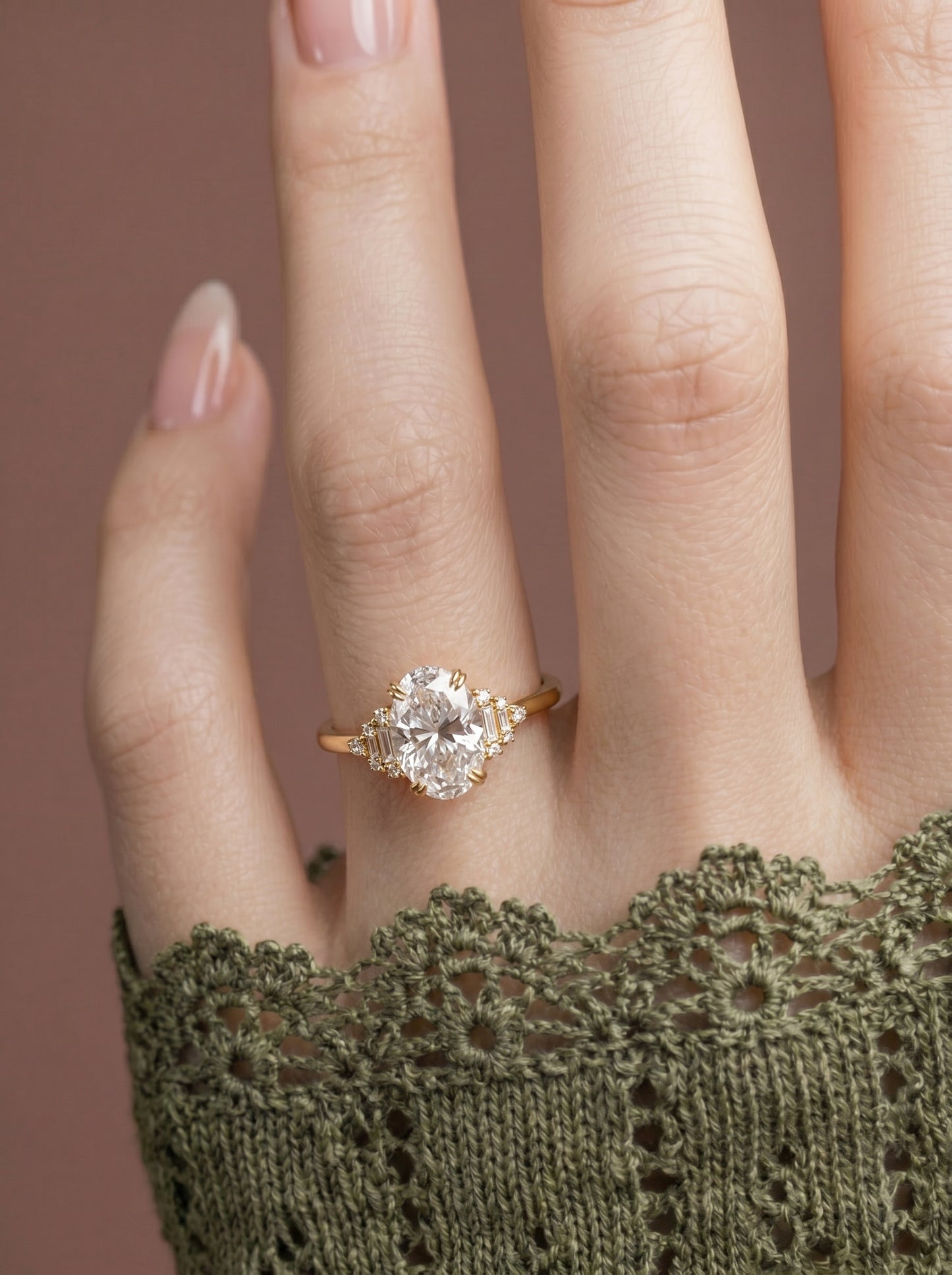 14K Gold Oval Diamond Deco Ring