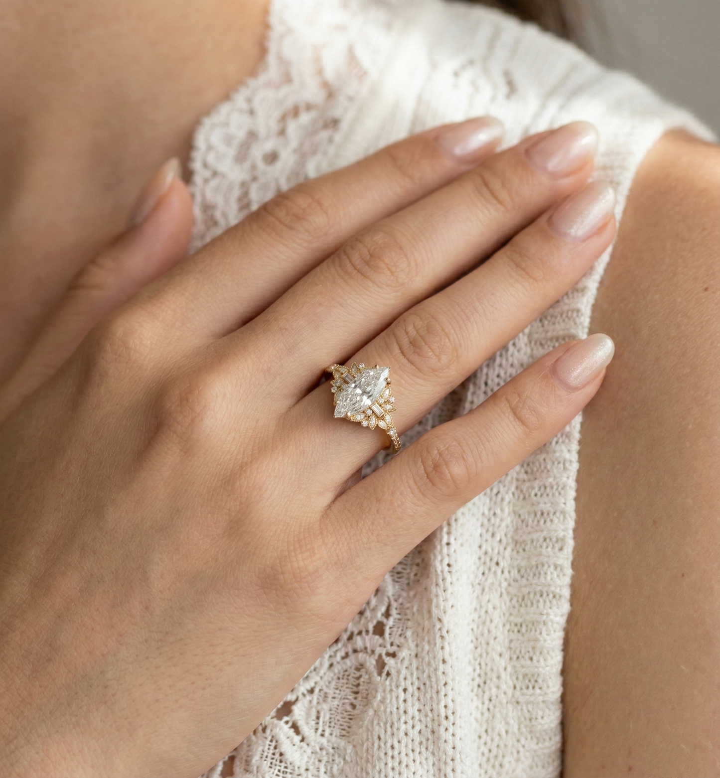 14K Gold Marquise Diamond Deco Ring