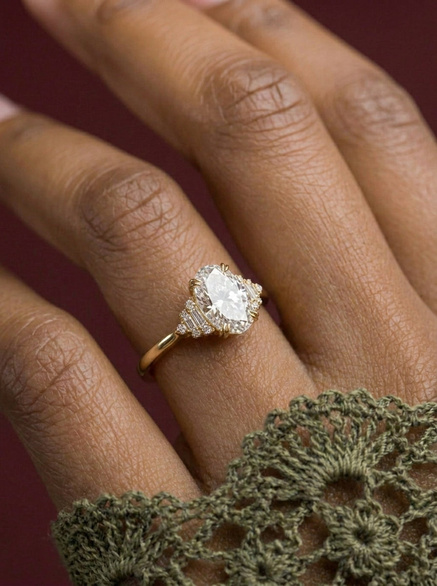 14K Gold Oval Diamond Deco Ring