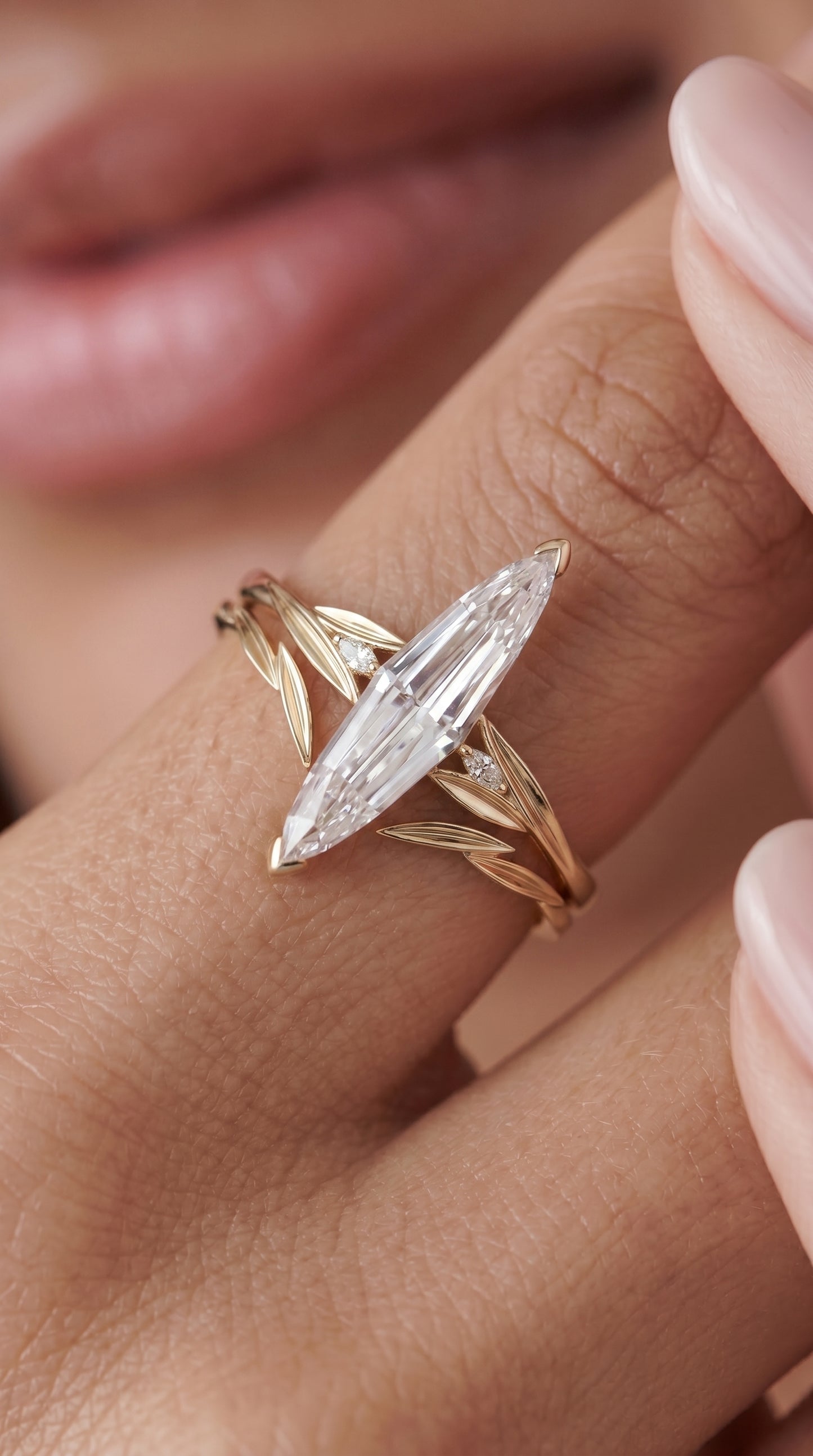 14K Gold Elongated Marquise Diamond Ring