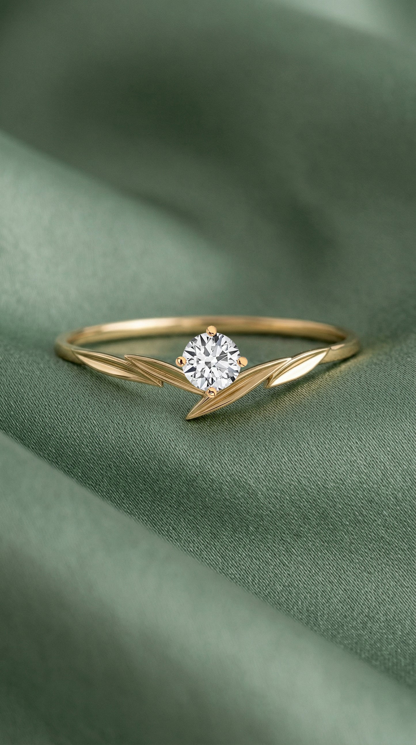 14K Gold Dainty Leaf Diamond Ring