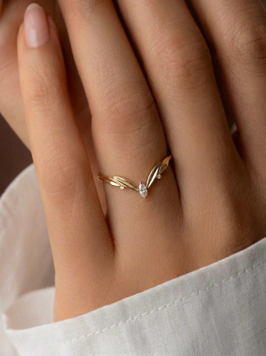 14K Gold Leaf Marquise Wedding Band