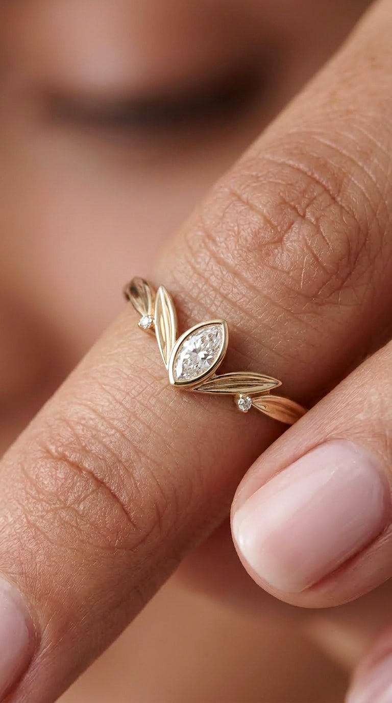 14K Gold Marquise Diamond Leaf Ring