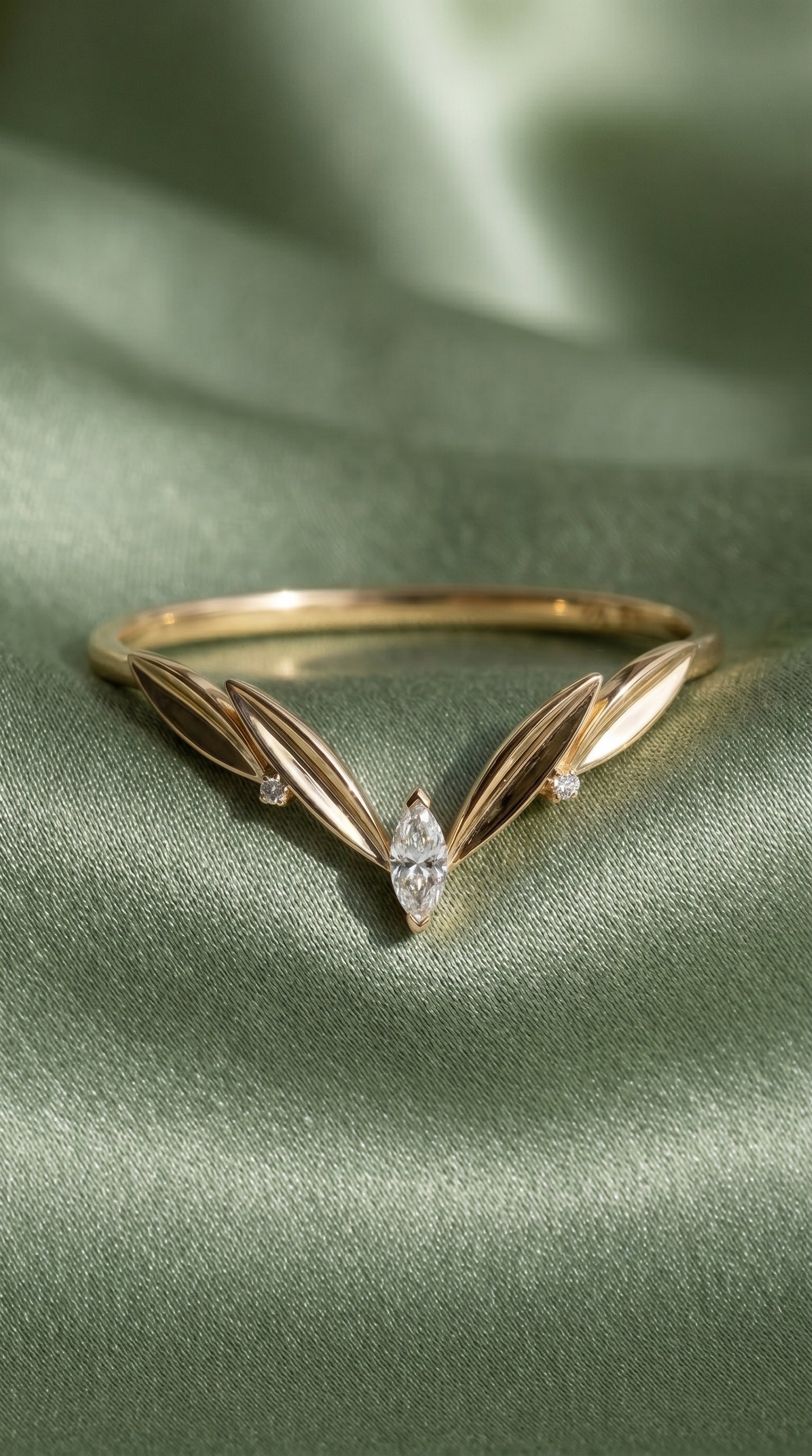 14K Gold Leaf Marquise Wedding Band