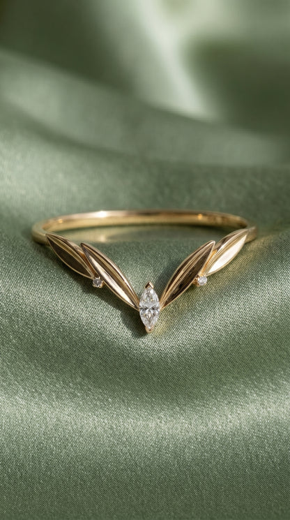 14K Gold Leaf Marquise Wedding Band