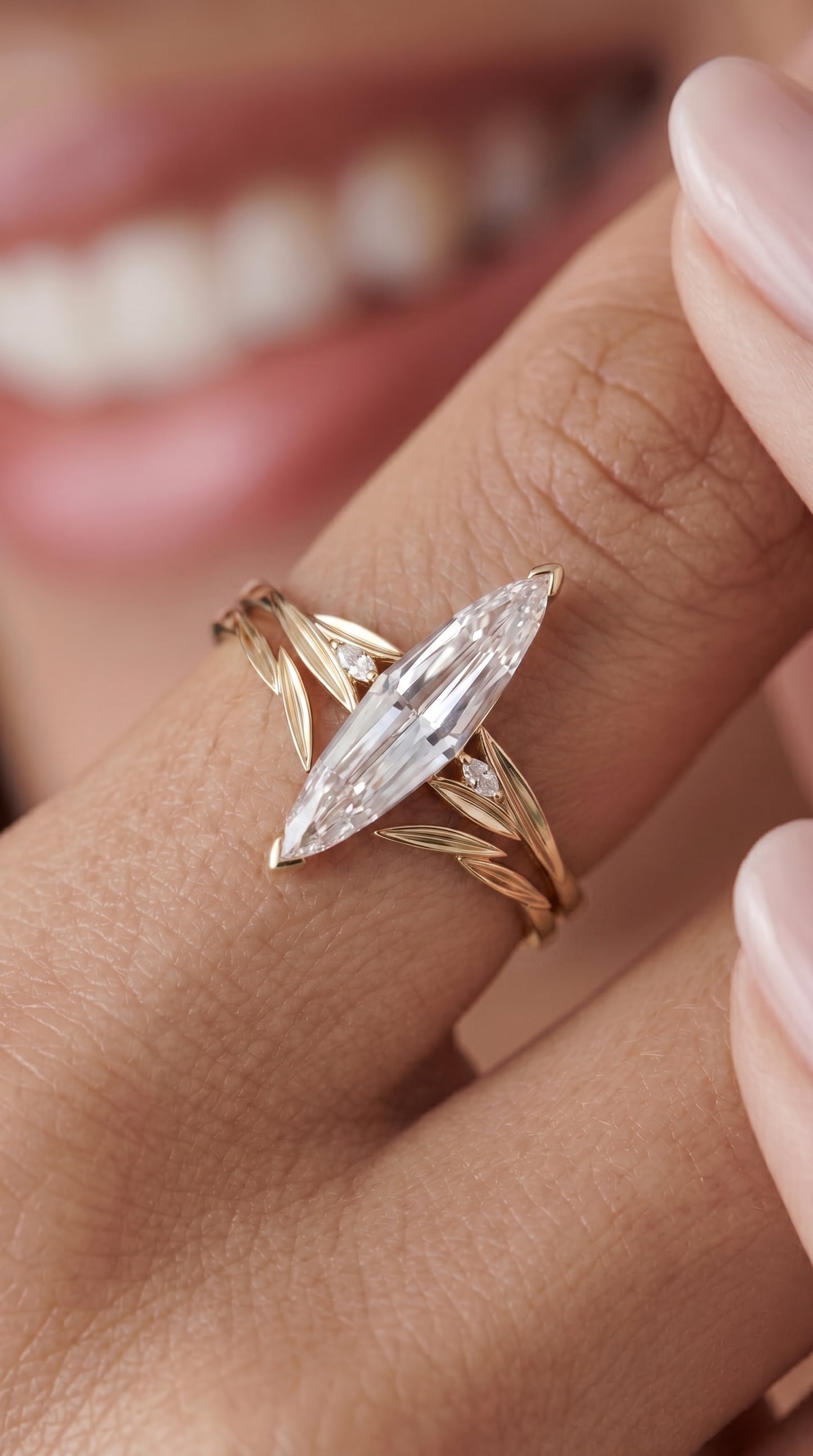 14K Gold Elongated Marquise Diamond Ring