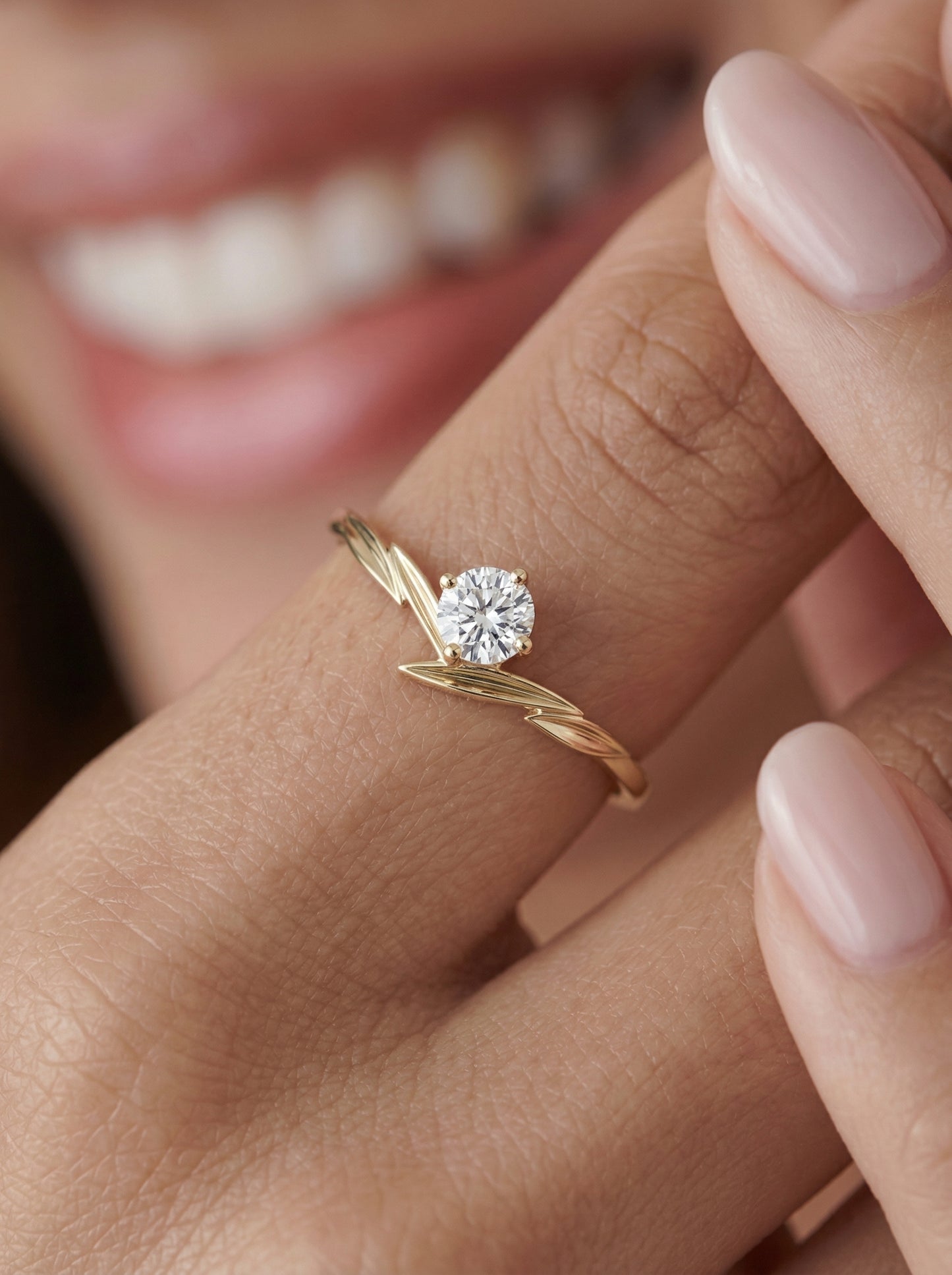 14K Gold Dainty Leaf Diamond Ring