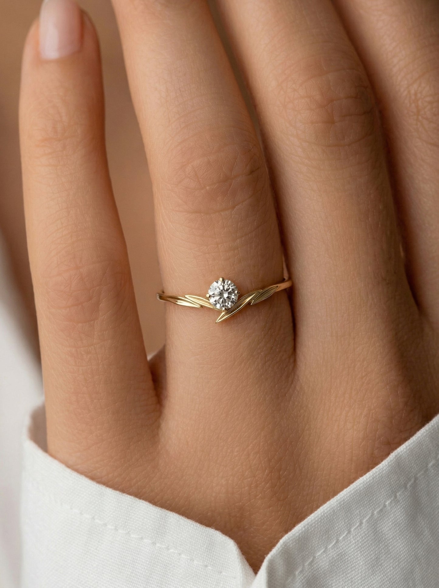 14K Gold Dainty Leaf Diamond Ring