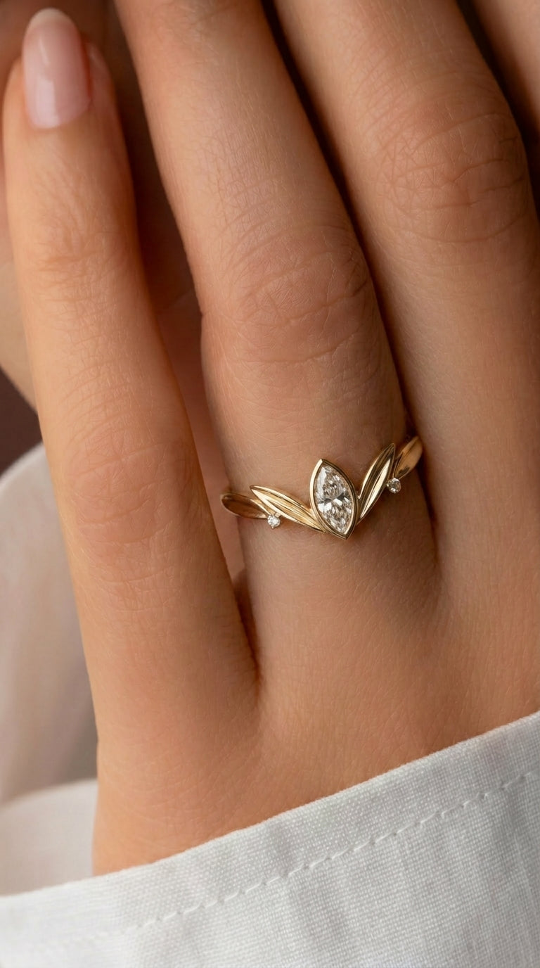 14K Gold Marquise Diamond Leaf Ring