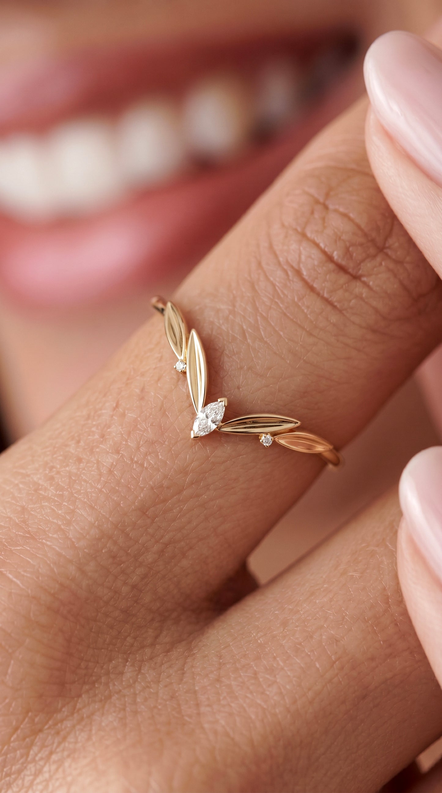 14K Gold Leaf Marquise Wedding Band