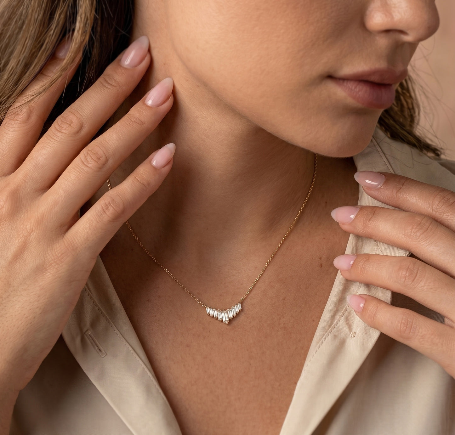 14K Gold Baguette Diamond Necklace