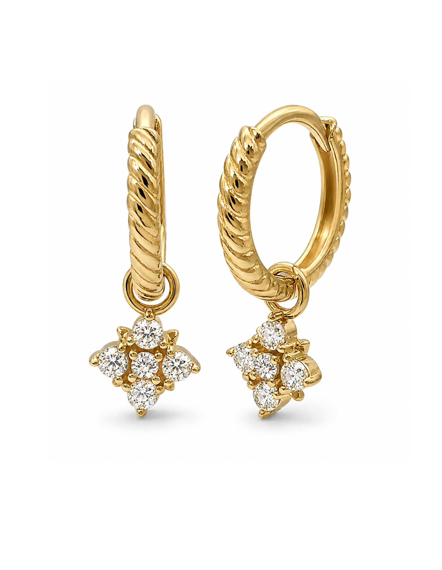 14K Gold Rope Hoop Earrings with diamond charm