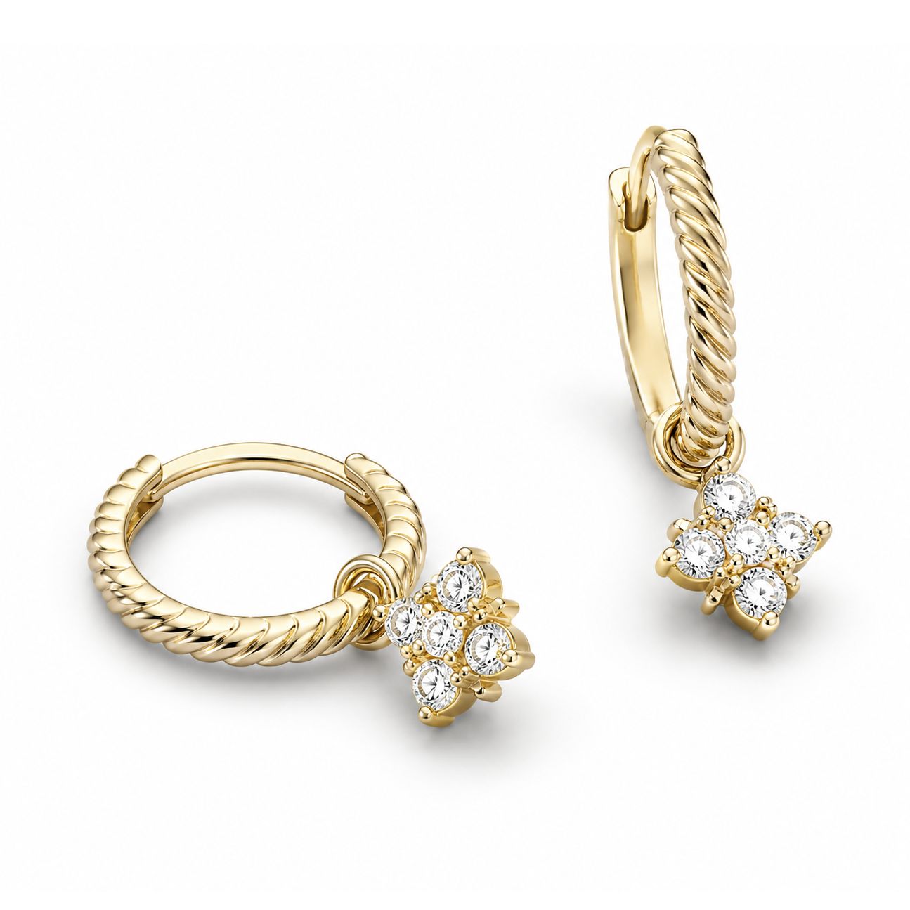 14K Gold Rope Hoop Earrings with diamond charm