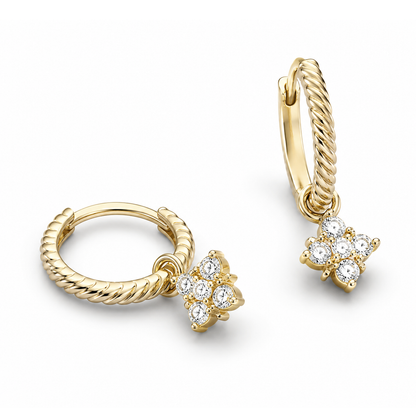 14K Gold Rope Hoop Earrings with diamond charm