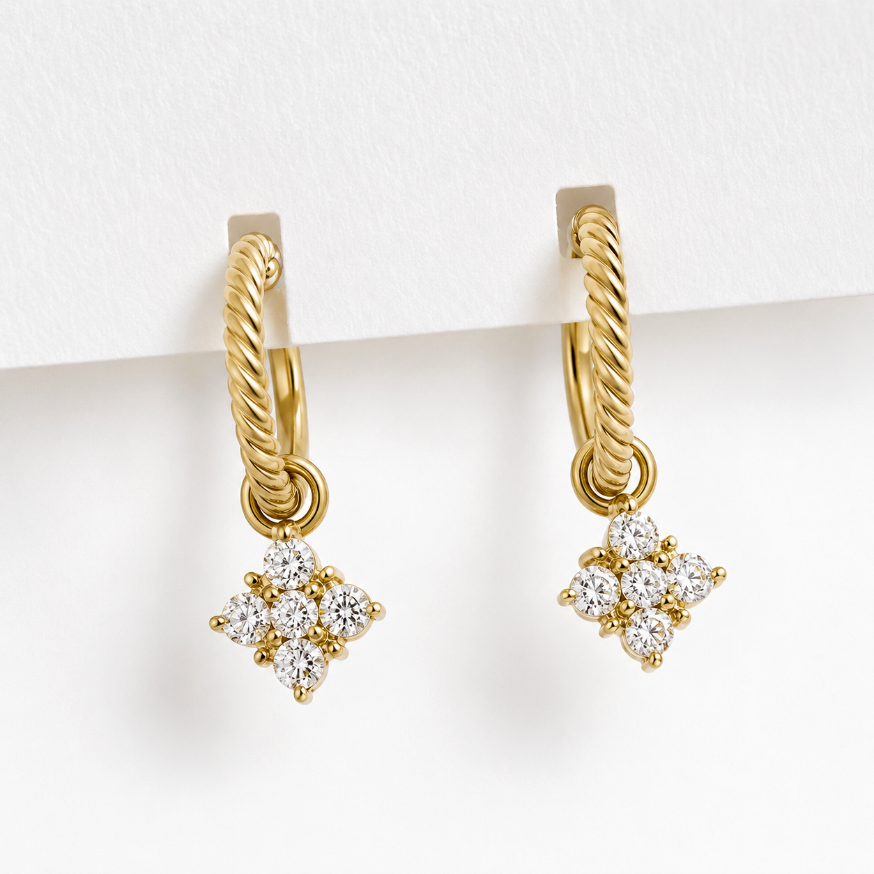 14K Gold Rope Hoop Earrings with diamond charm