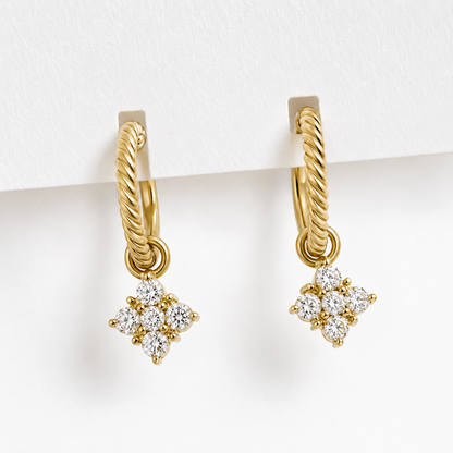 14K Gold Rope Hoop Earrings with diamond charm