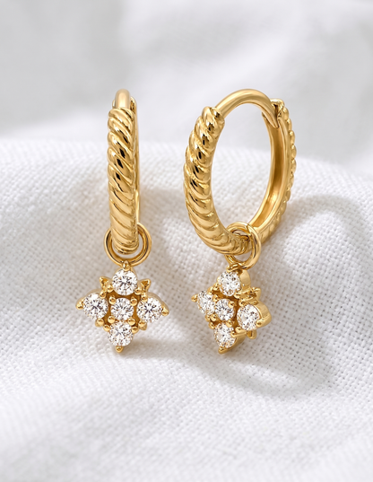 14K Gold Rope Hoop Earrings with diamond charm