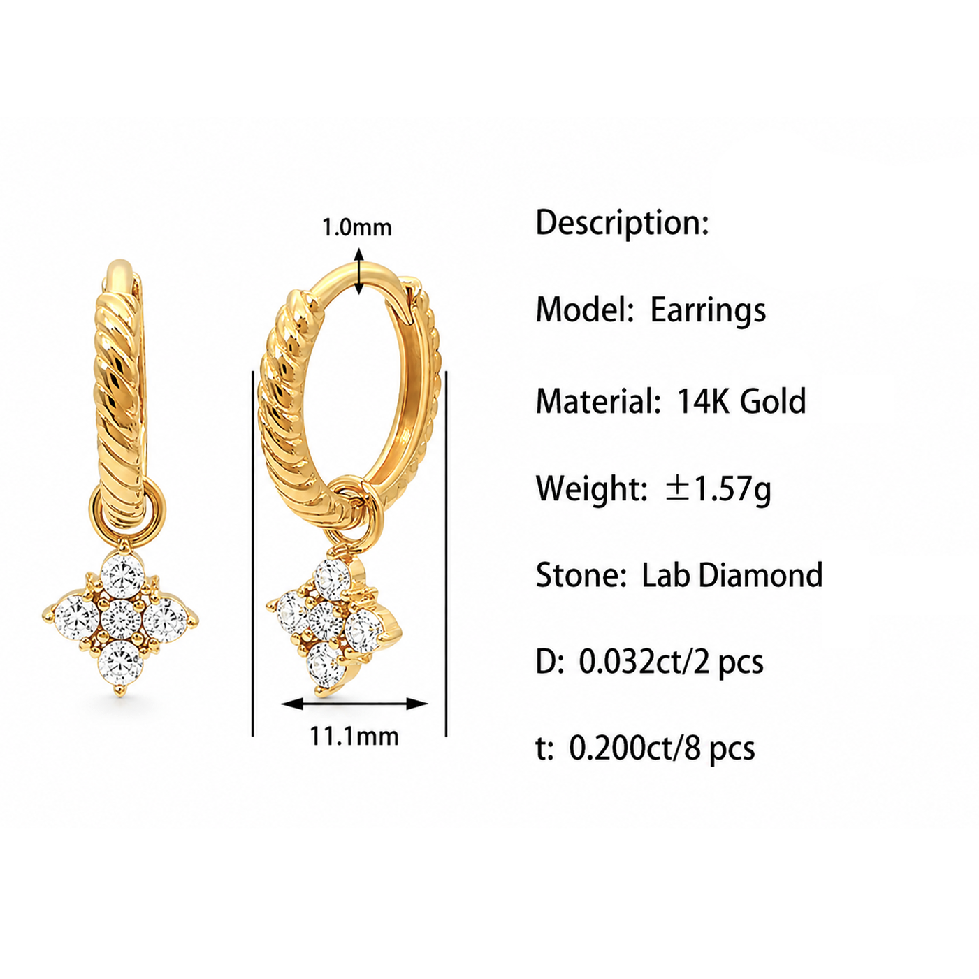 14K Gold Rope Hoop Earrings with diamond charm
