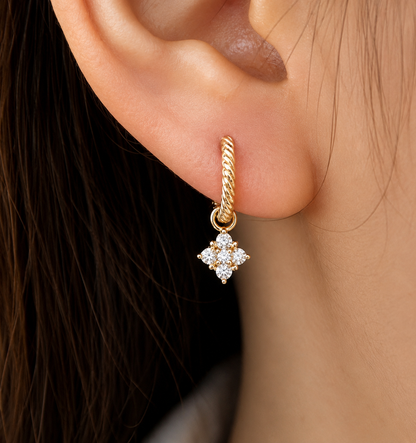 14K Gold Rope Hoop Earrings with diamond charm