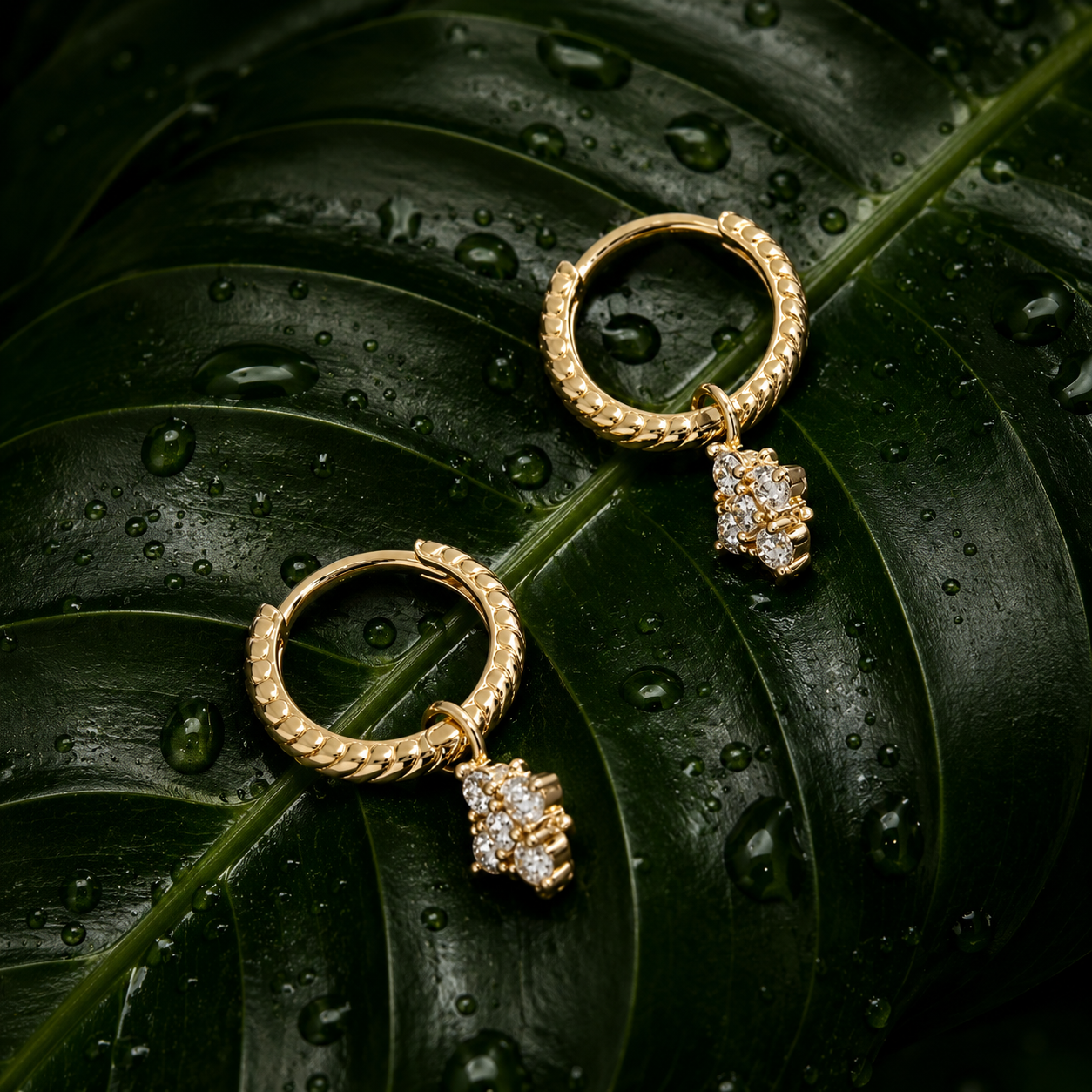 14K Gold Rope Hoop Earrings with diamond charm