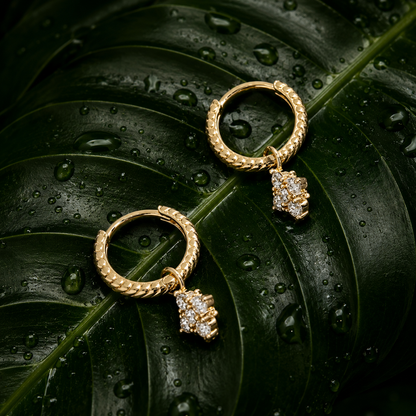 14K Gold Rope Hoop Earrings with diamond charm