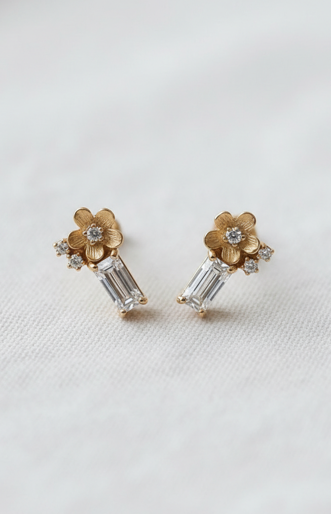 14K Gold Diamond Flower Stud Earrings