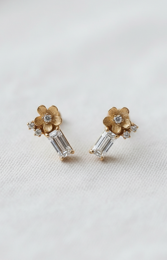 14K Gold Diamond Flower Stud Earrings