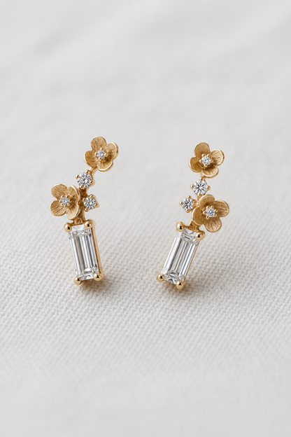 14K Gold Diamond Flowers Ear Climbers