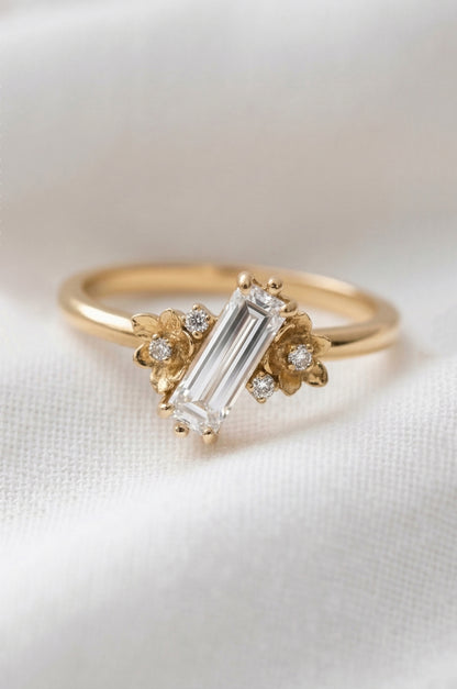 14K Gold Baguette Diamond Floral Ring