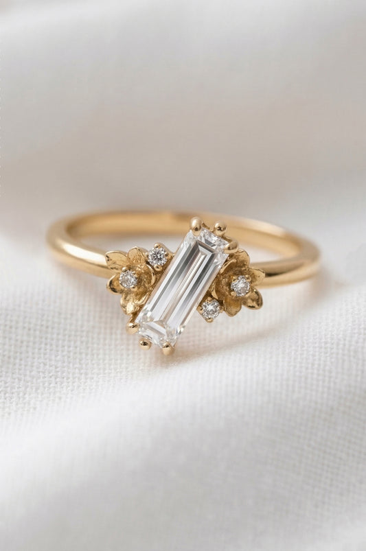 14K Gold Baguette Diamond Floral Ring