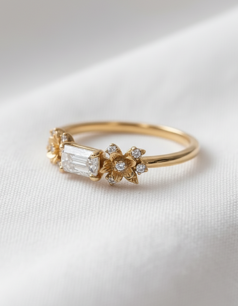 14K Gold Diamond Flowers Ring