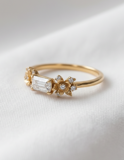 14K Gold Diamond Flowers Ring
