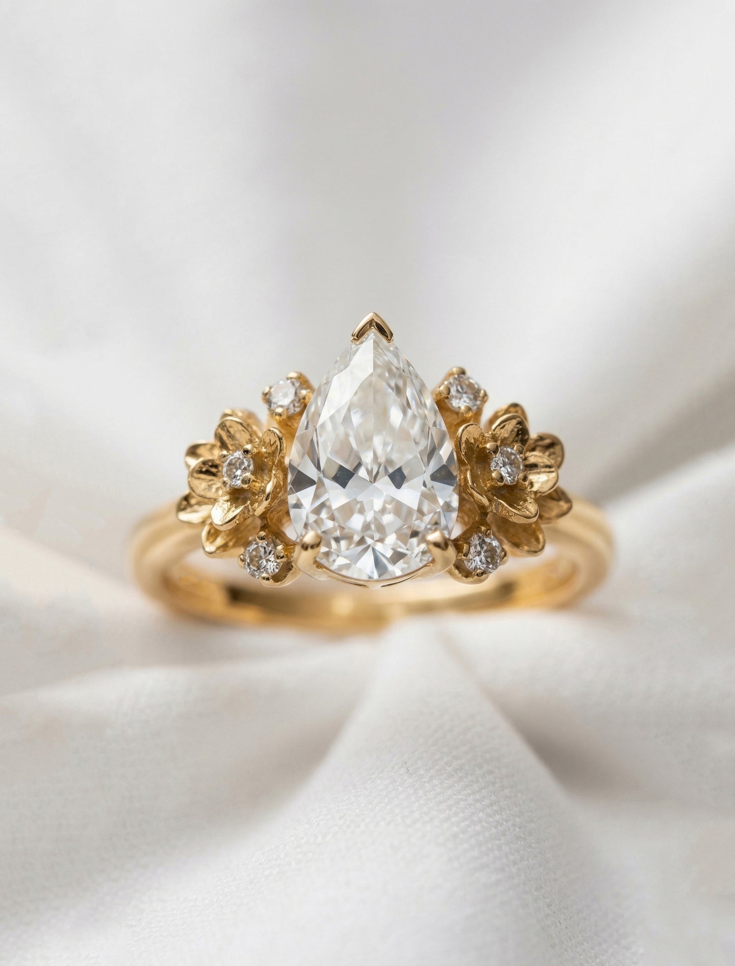 14K Gold Pear Diamond Flower Ring