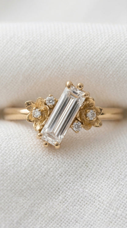 14K Gold Baguette Diamond Floral Ring